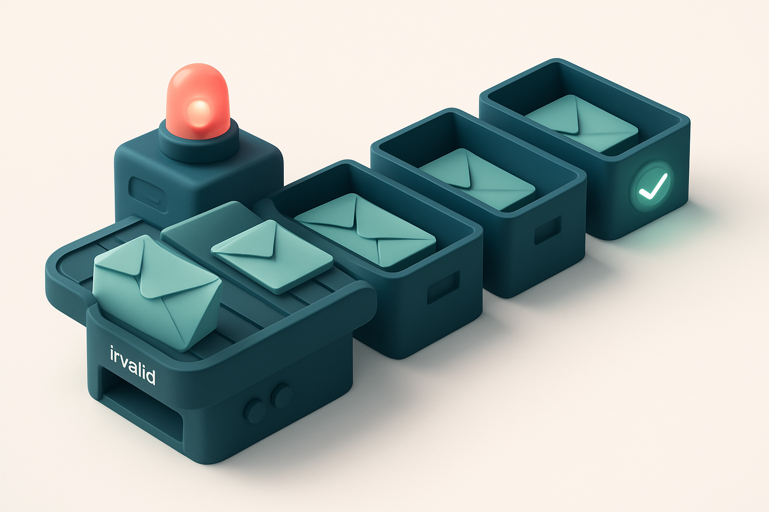 An isometric illustration of a game studio inbox with a conveyor belt moving envelopes labeled 'Invalid', 'Catch-all', '