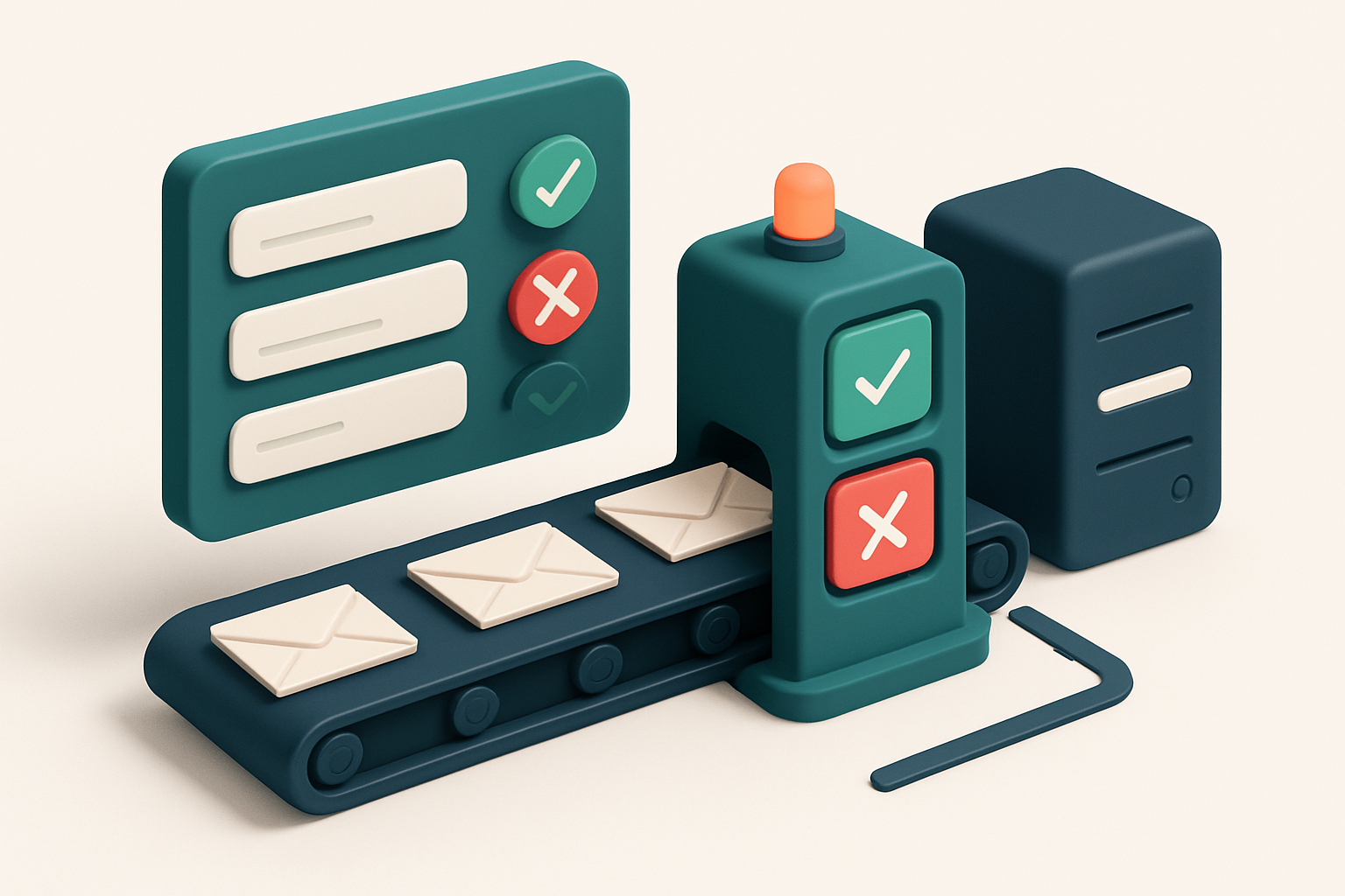 An isometric Pipedrive dashboard with a conveyor belt feeding envelopes into a central verification station; green check