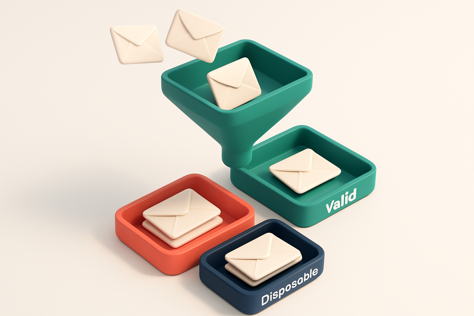 An isometric view of a checkout funnel with a green 'Valid' tray at the top, receiving envelopes labeled with clean, wor