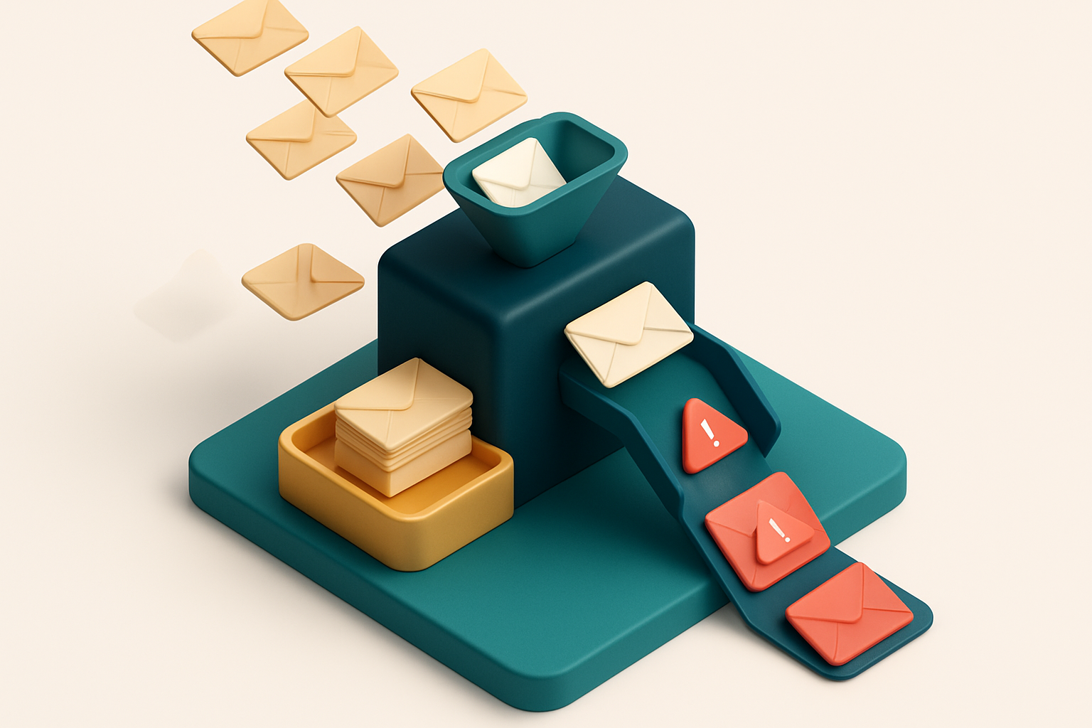 An isometric inbox tower with dozens of envelopes being scanned and sorted: valid ones land on a gold 'inbox' platform,