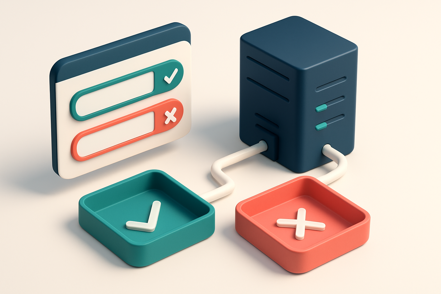 an isometric dashboard showing a real-time email input field, with a green checkmark appearing after a valid email and a