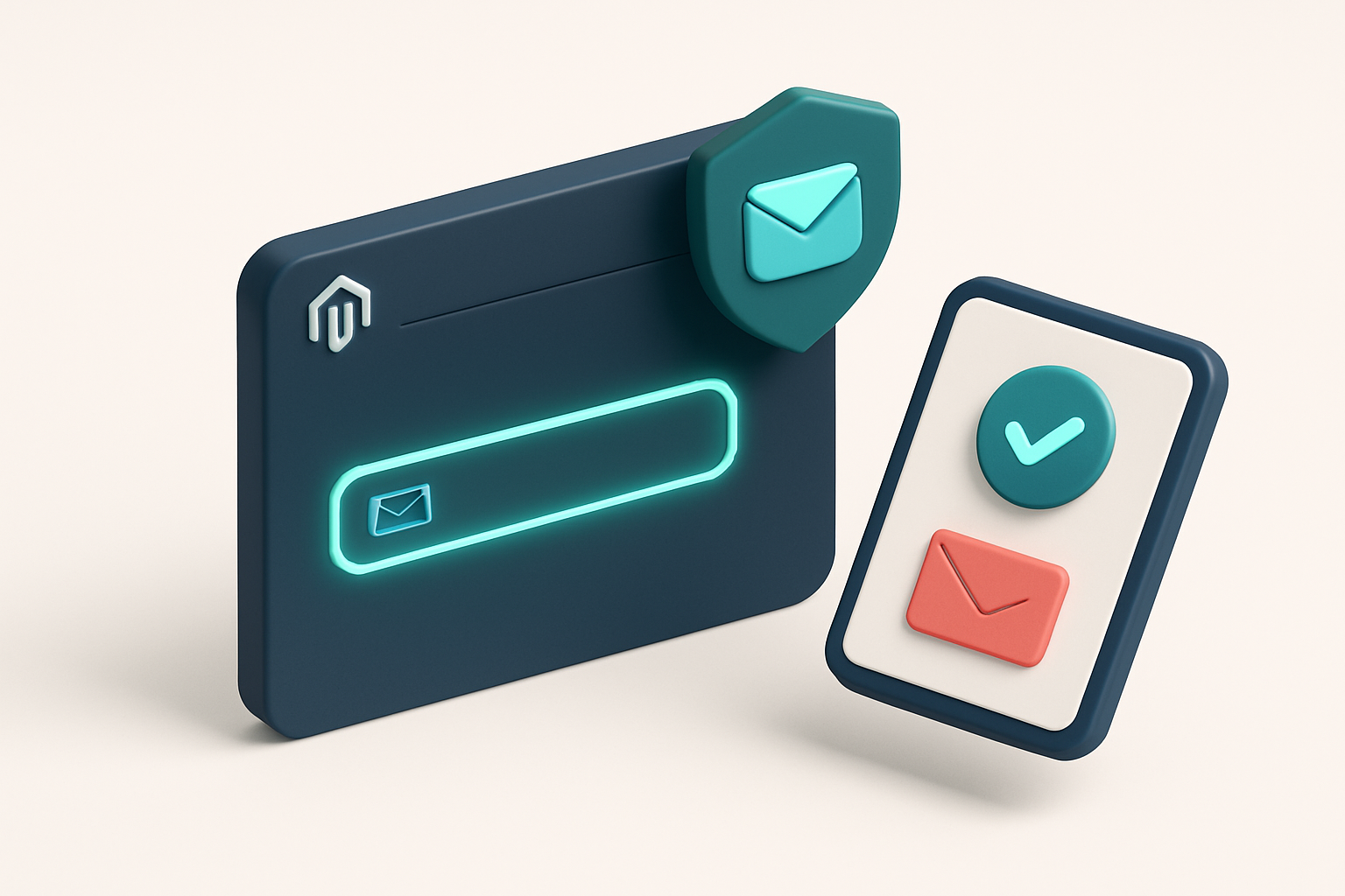 An isometric illustration of a Magento admin dashboard with a glowing input field labeled 'customer email', an email env