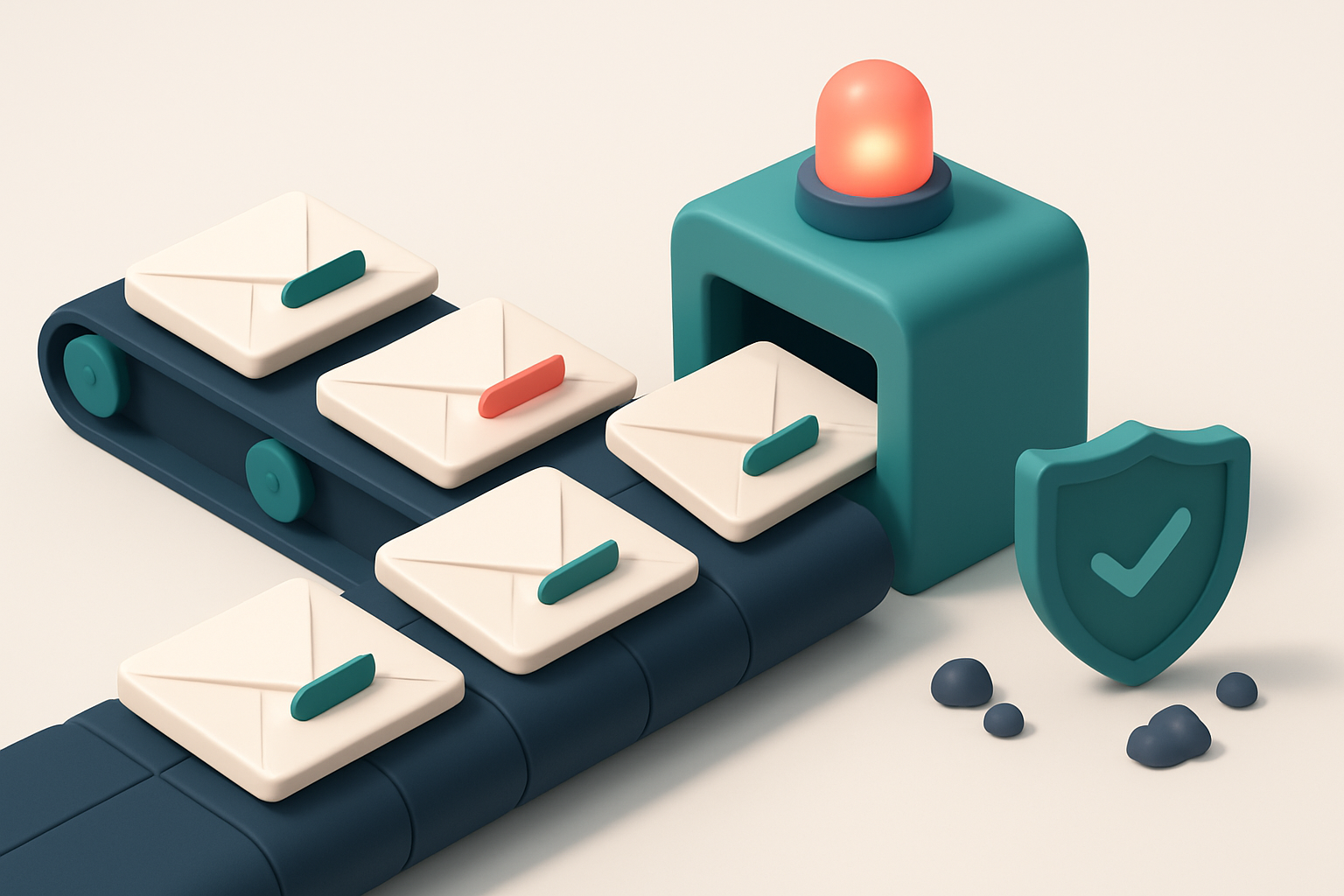 An isometric email inbox with envelopes labeled ‘valid’, ‘invalid’, ‘catch-all’, and ‘risky’ being pushed through a conv