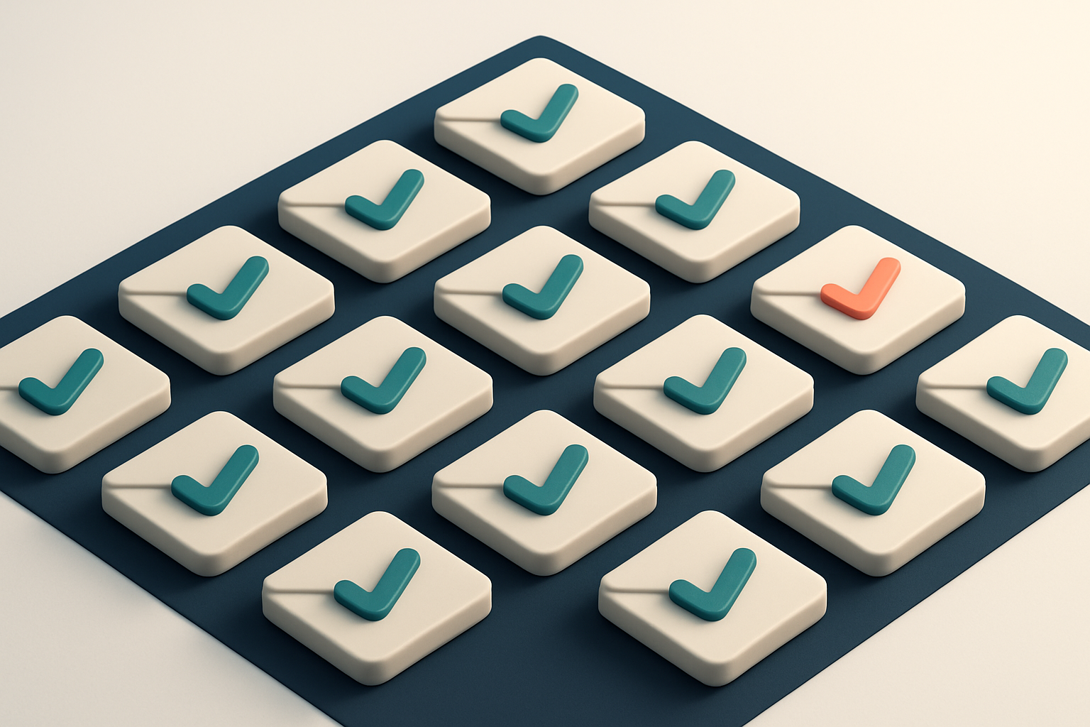 a grid of envelope icons arranged in a tight diamond pattern, each with a small checkmark inside