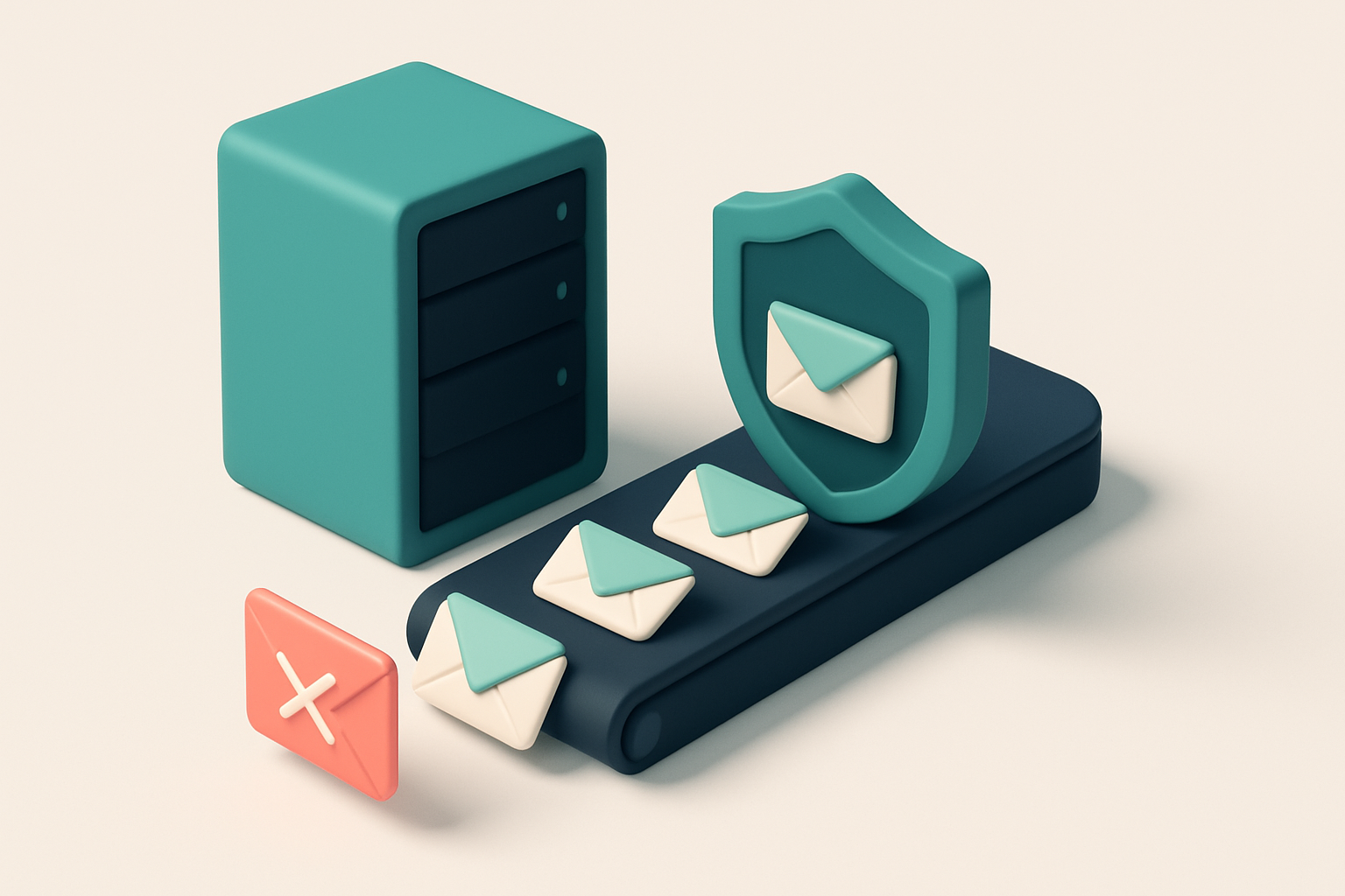 An isometric email server rack with red 'failed' envelopes exiting a conveyor belt labeled 'DMARC Failure,' while green