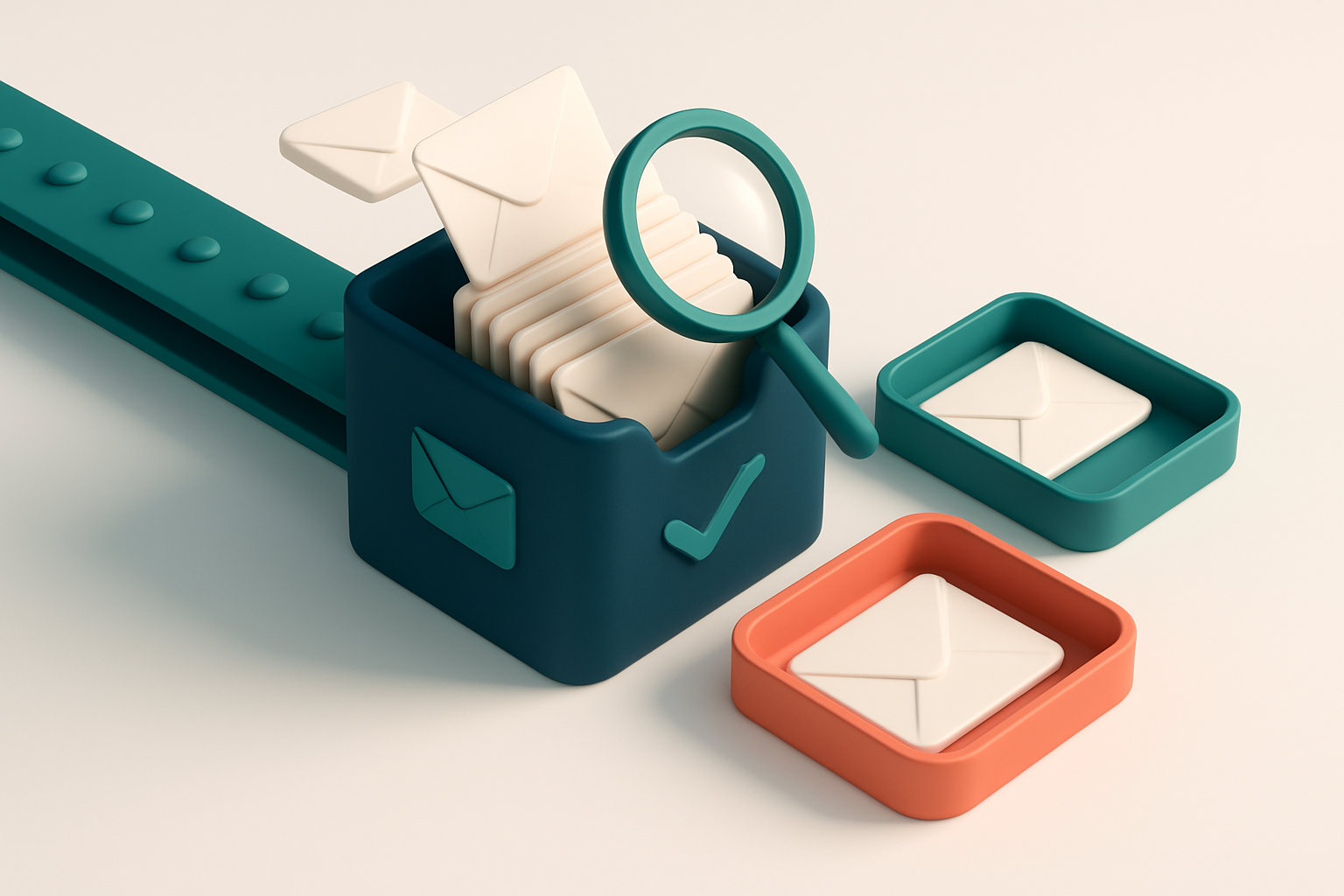 an isometric email inbox with envelopes being sorted onto a green 'valid' tray and a red 'invalid' tray, a magnifying gl