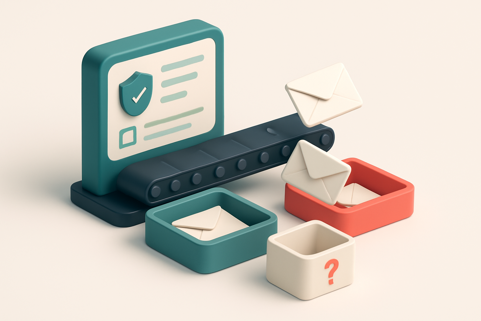 An isometric loan application dashboard with a conveyor belt moving email envelopes toward two labeled trays: a green 'v