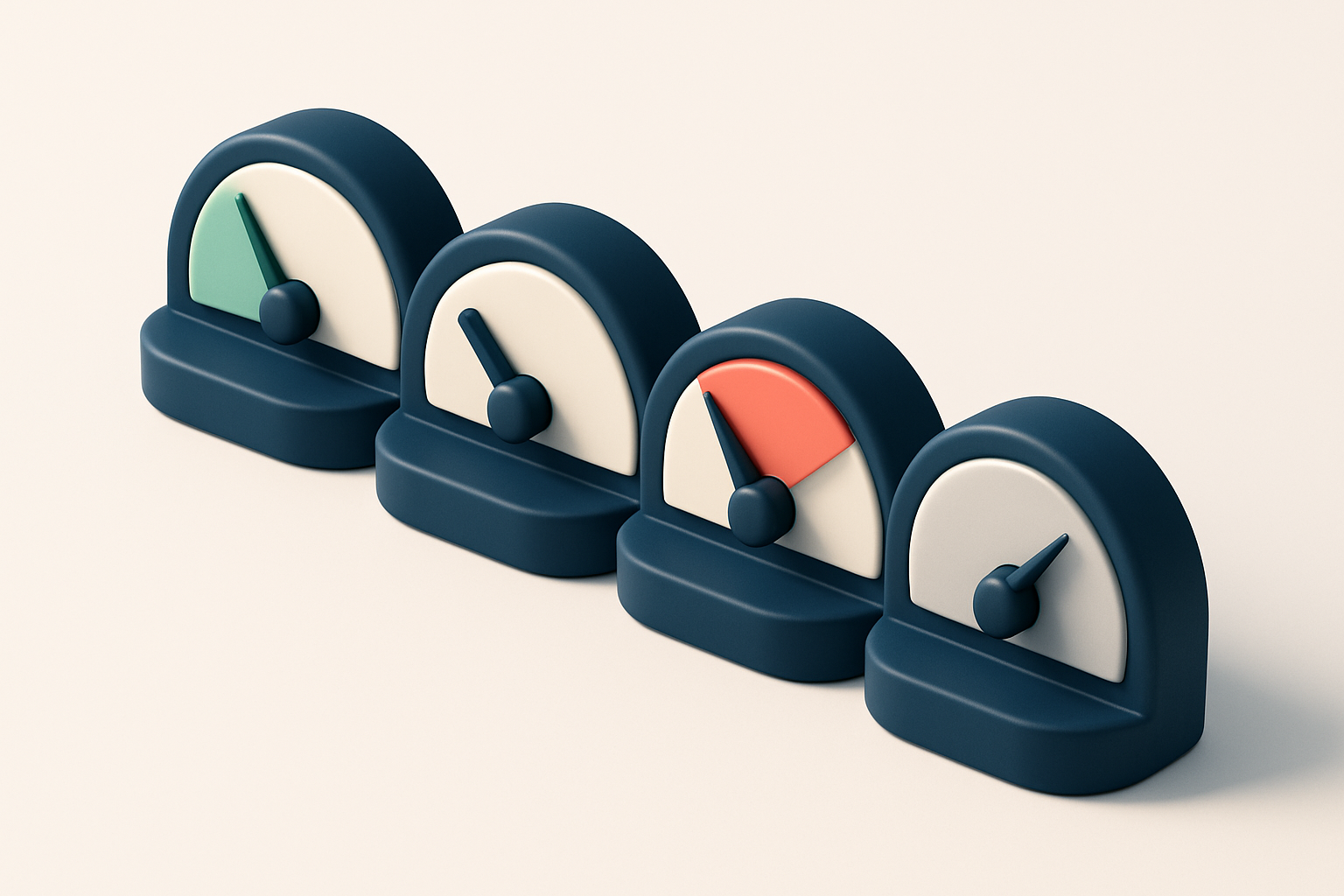 a row of four gauge dials showing validation status (green, yellow, red, gray)
