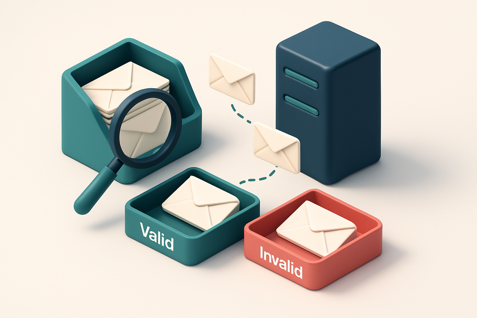 an isometric email inbox with envelopes being sorted onto a green 'valid' tray and a red 'invalid' tray, a magnifying gl
