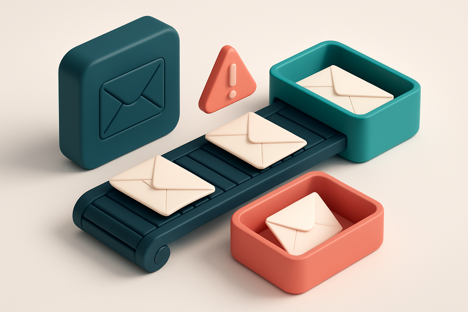 An isometric email client with a conveyor belt delivering envelopes: valid addresses slide into a green 'inbox' tray, in