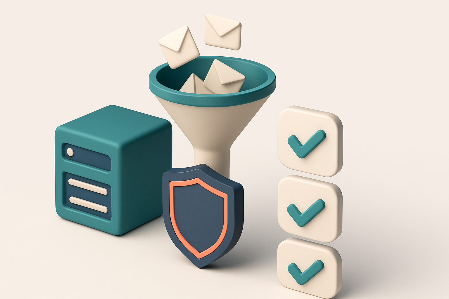 an isometric email verification pipeline: a server box emitting verification requests into a digital funnel labeled 'API