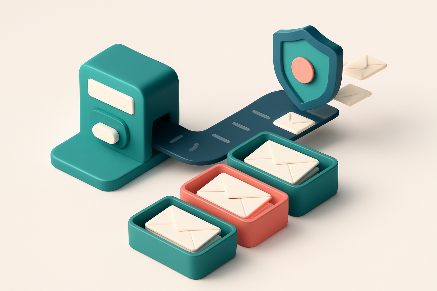An isometric email inbox with envelopes stacked in red 'invalid', orange 'catch-all', and green 'valid' trays, a conveyo