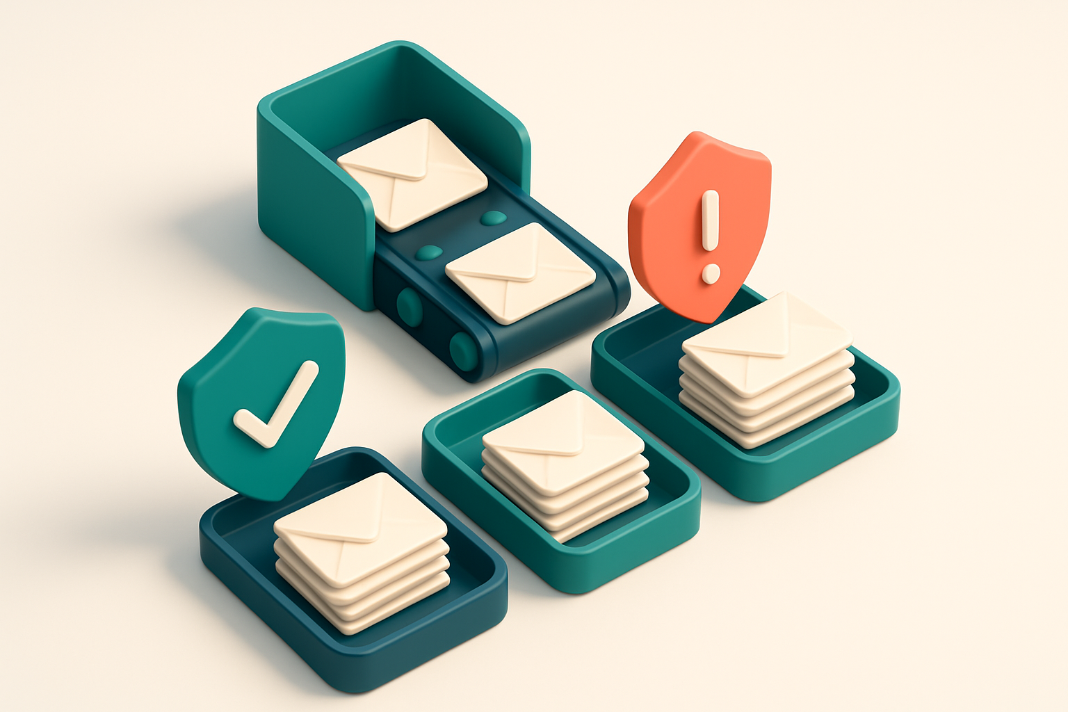 Hero: an isometric inbox with envelopes labeled 'Valid', 'Invalid', 'Catch-All', and 'Disposable' being sorted onto sepa
