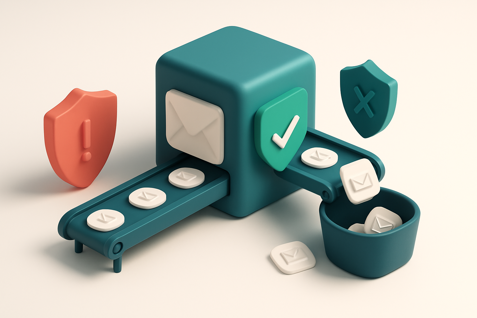 Hero: an isometric illustration of a digital mail server with a green 'trusted' shield, a red 'blacklisted' shield, and