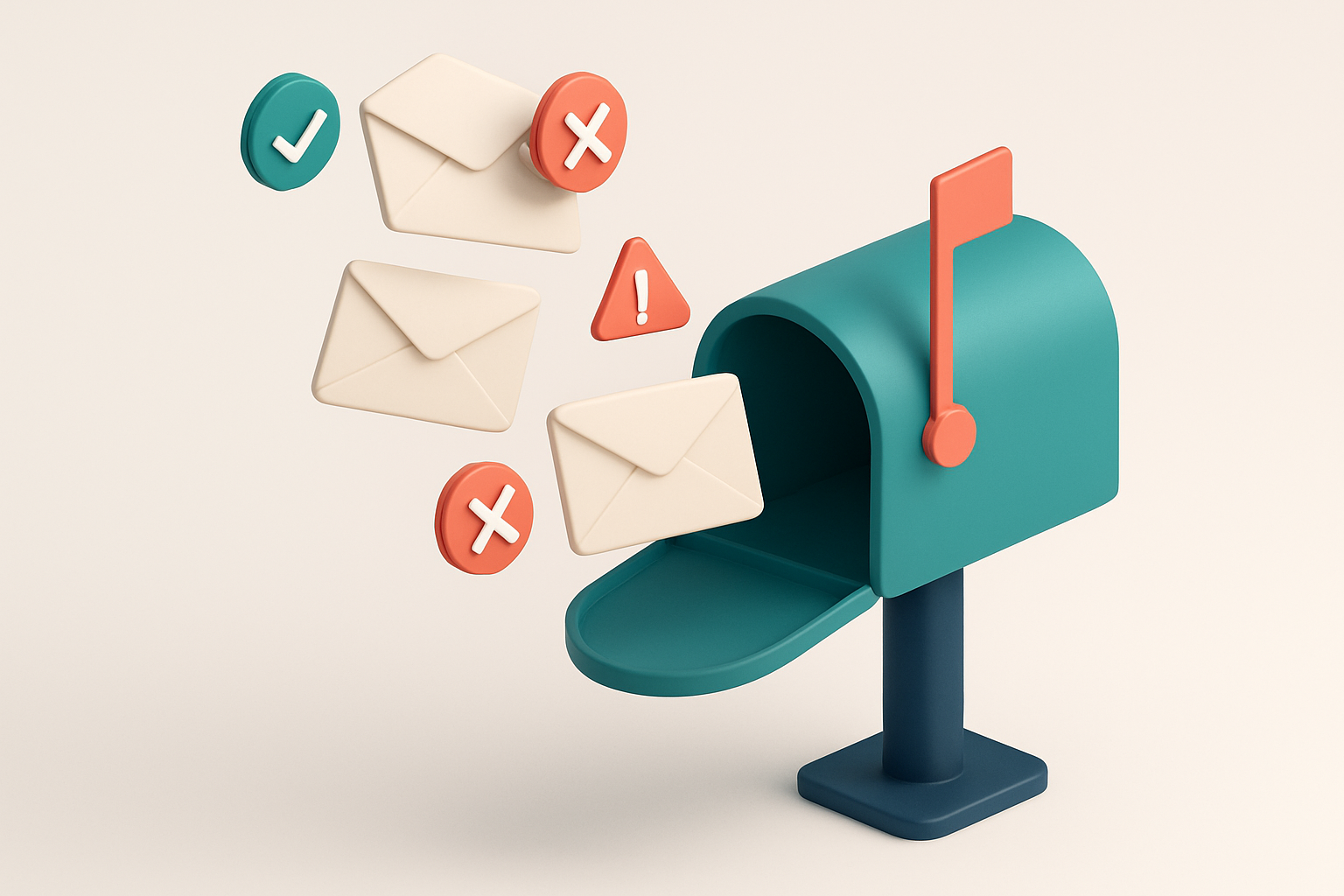 An isometric illustration of a digital mailbox receiving a stream of paper envelopes labeled 'valid', 'invalid', 'catch-
