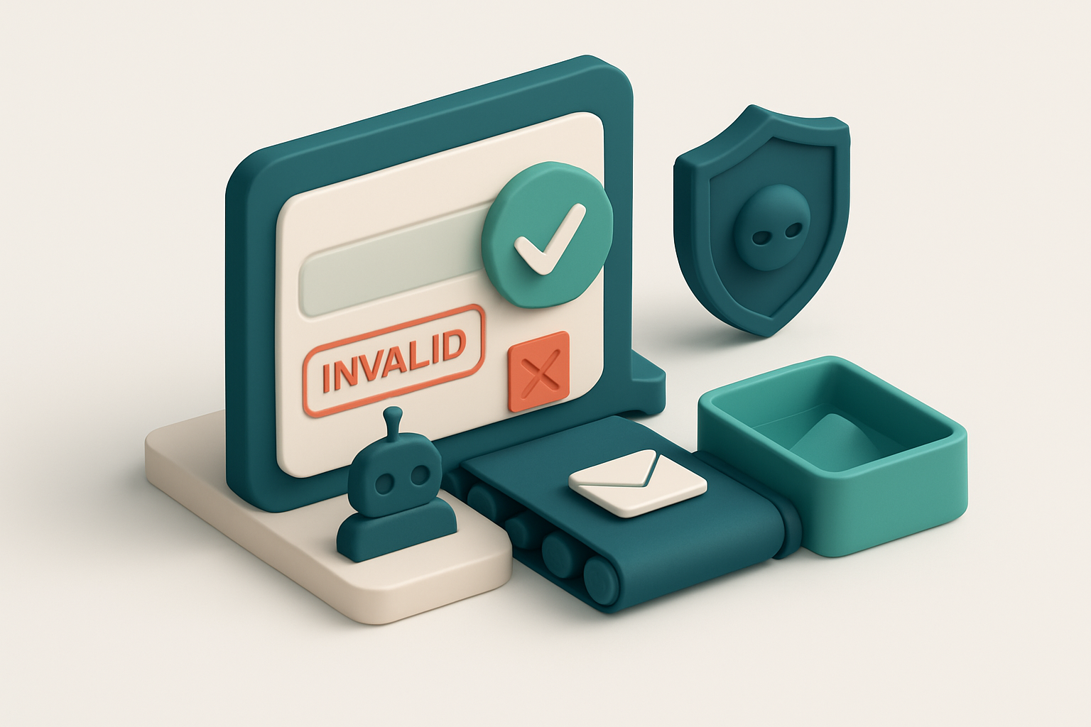 Hero: an isometric email form with a green checkmark overlay, a red 'invalid' stamp on a fake email entry, a shield bloc
