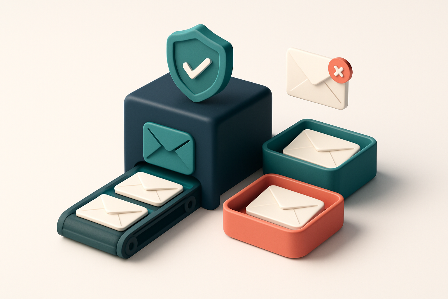 an isometric email inbox with envelopes being scanned by a shield-shaped validator, some landing on a green 'valid' tray