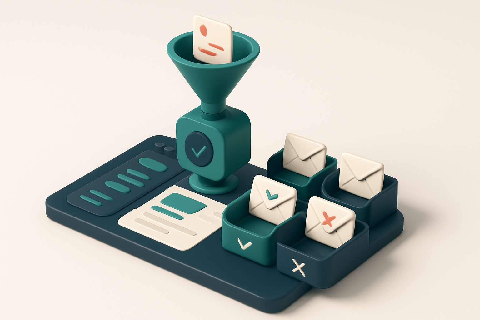 An isometric e-commerce site dashboard showing a funnel of incoming sign-ups feeding into a verification engine, with en