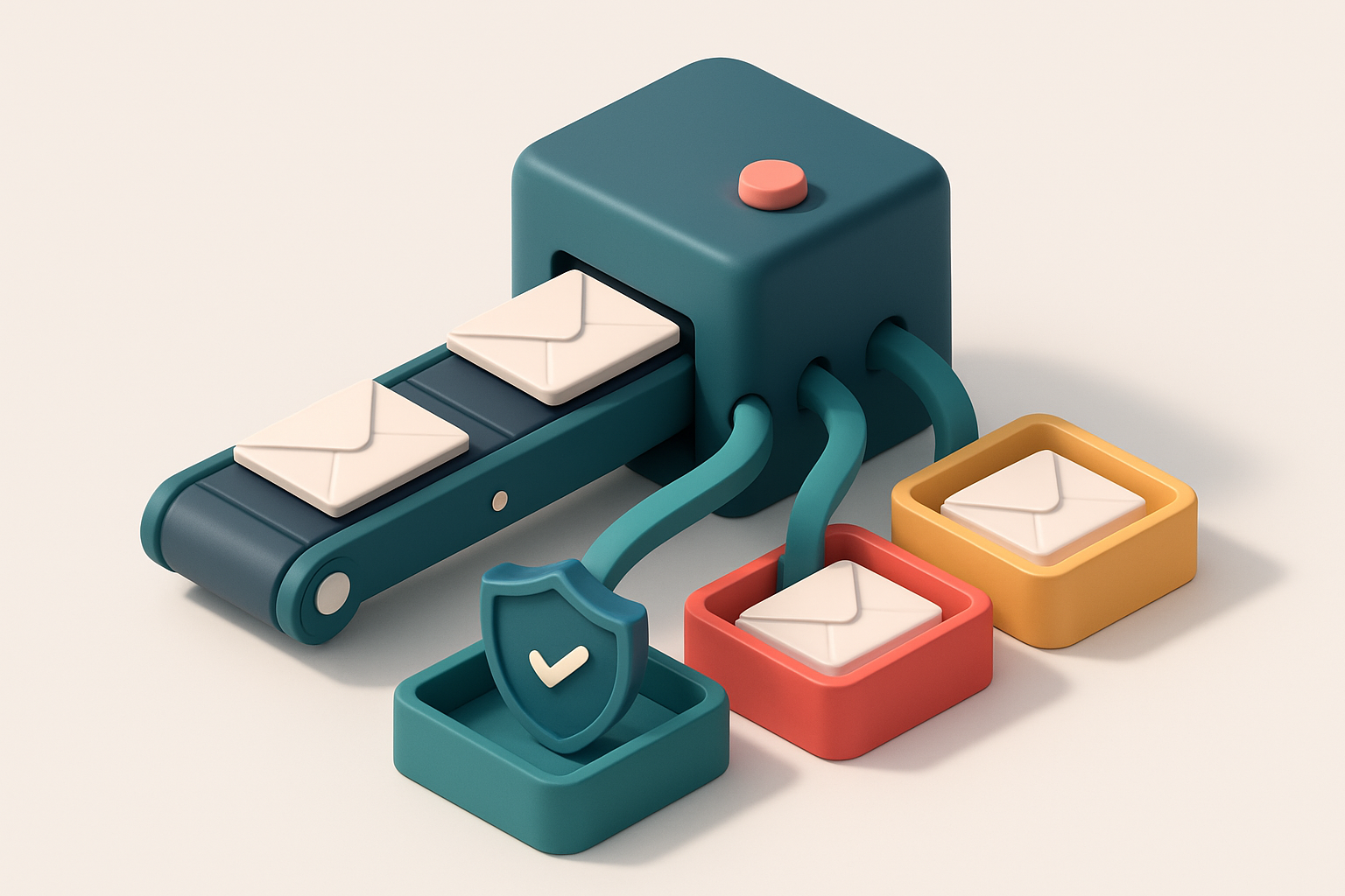 an isometric cold email funnel: a conveyor belt feeds envelopes labeled 'prospects' into a central machine that splits t