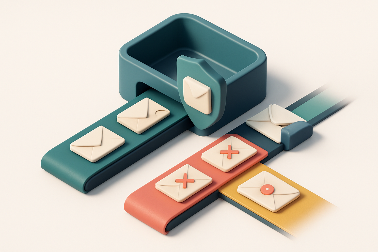 An isometric inbox showing three lanes: a green 'validated' conveyor belt with envelopes marked 'confirmed', a red 'inva