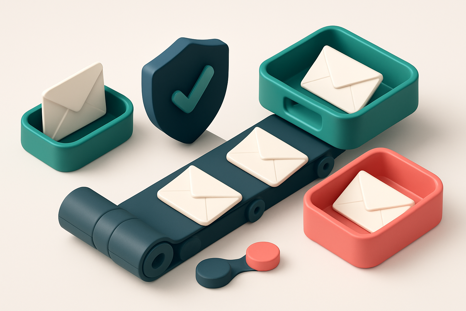 An isometric email inbox with envelopes being sorted onto two trays: green 'Valid' and red 'Invalid', a real-time verifi