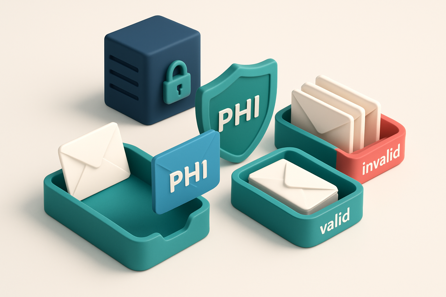 An isometric email inbox with envelopes being sorted onto a green 'valid' tray and a red 'invalid' tray, a shield labele