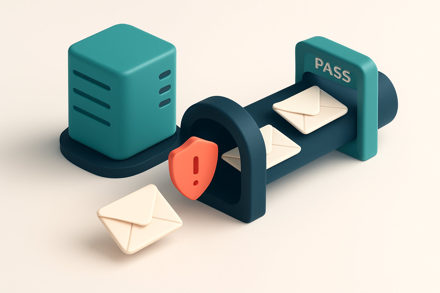 An isometric email workflow scene showing a server sending an envelope through a digital tunnel labeled 'DKIM Verificati