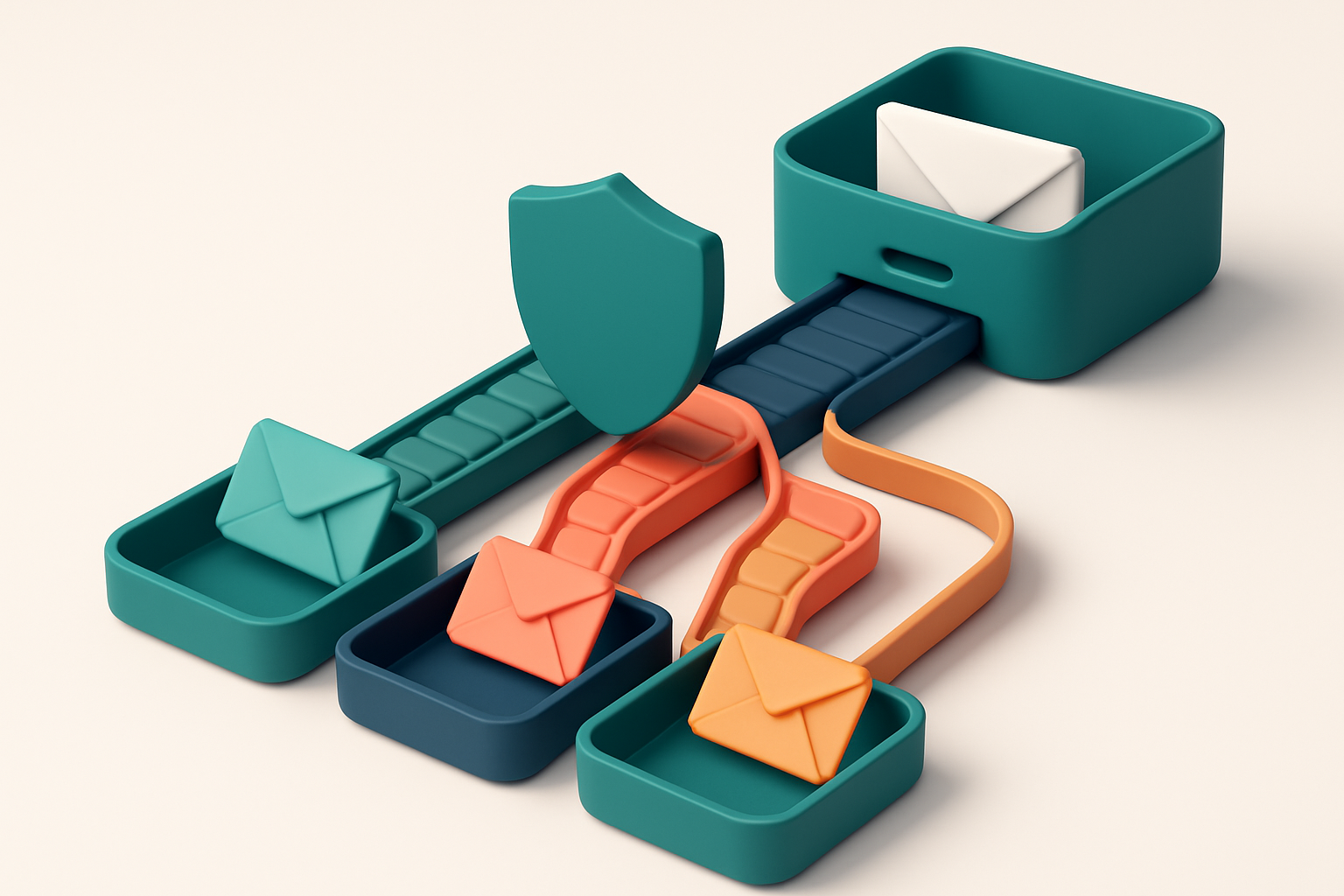 an isometric email inbox with envelopes labeled 'valid', 'invalid', 'risky', and 'catch-all' being sorted by color-coded