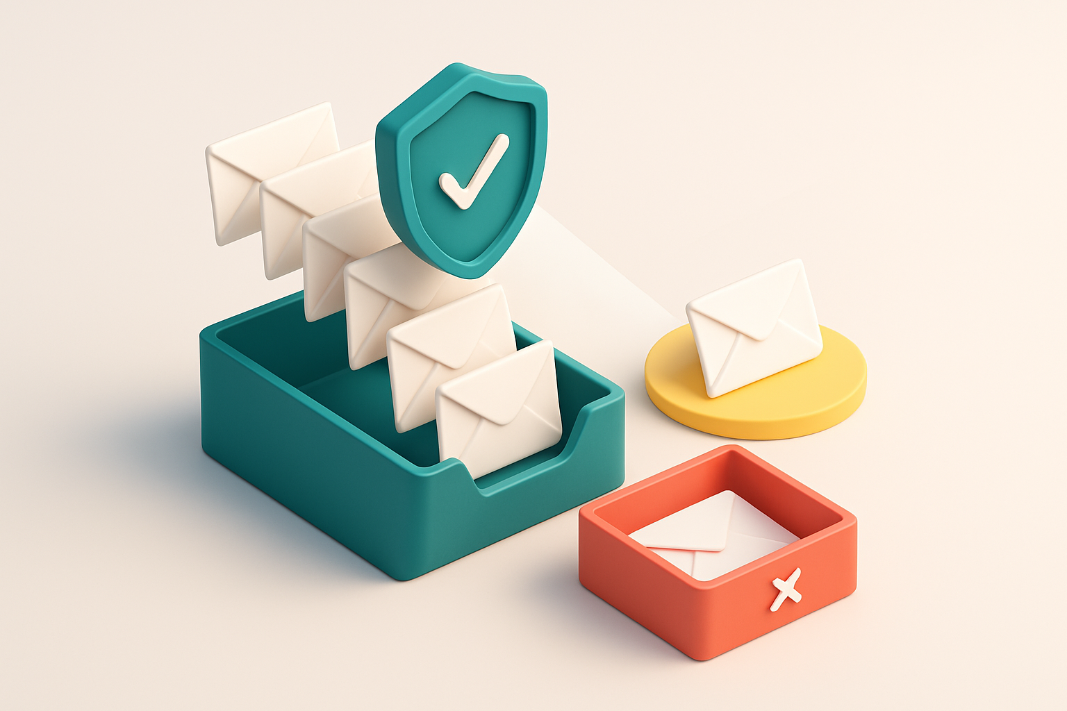 An isometric email inbox with 10 envelopes being scanned by a digital shield; valid emails fall into a green 'verified'