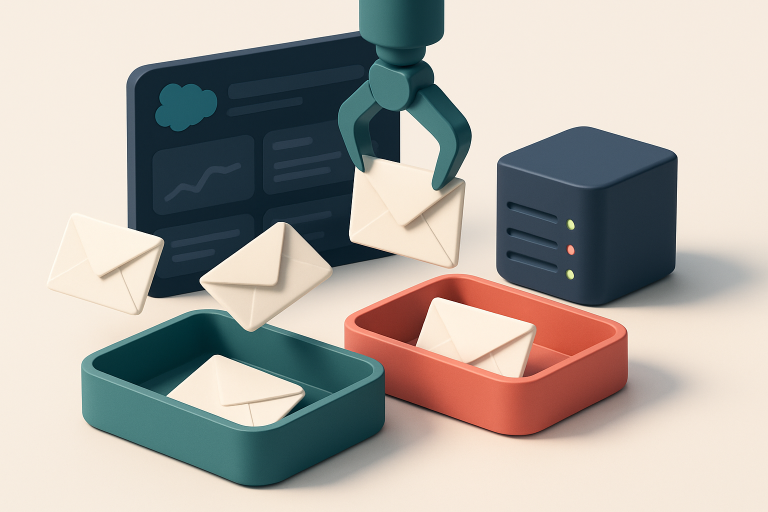 An isometric illustration of a green 'valid' tray and red 'invalid' tray, with envelopes labeled 'valid', 'invalid', and