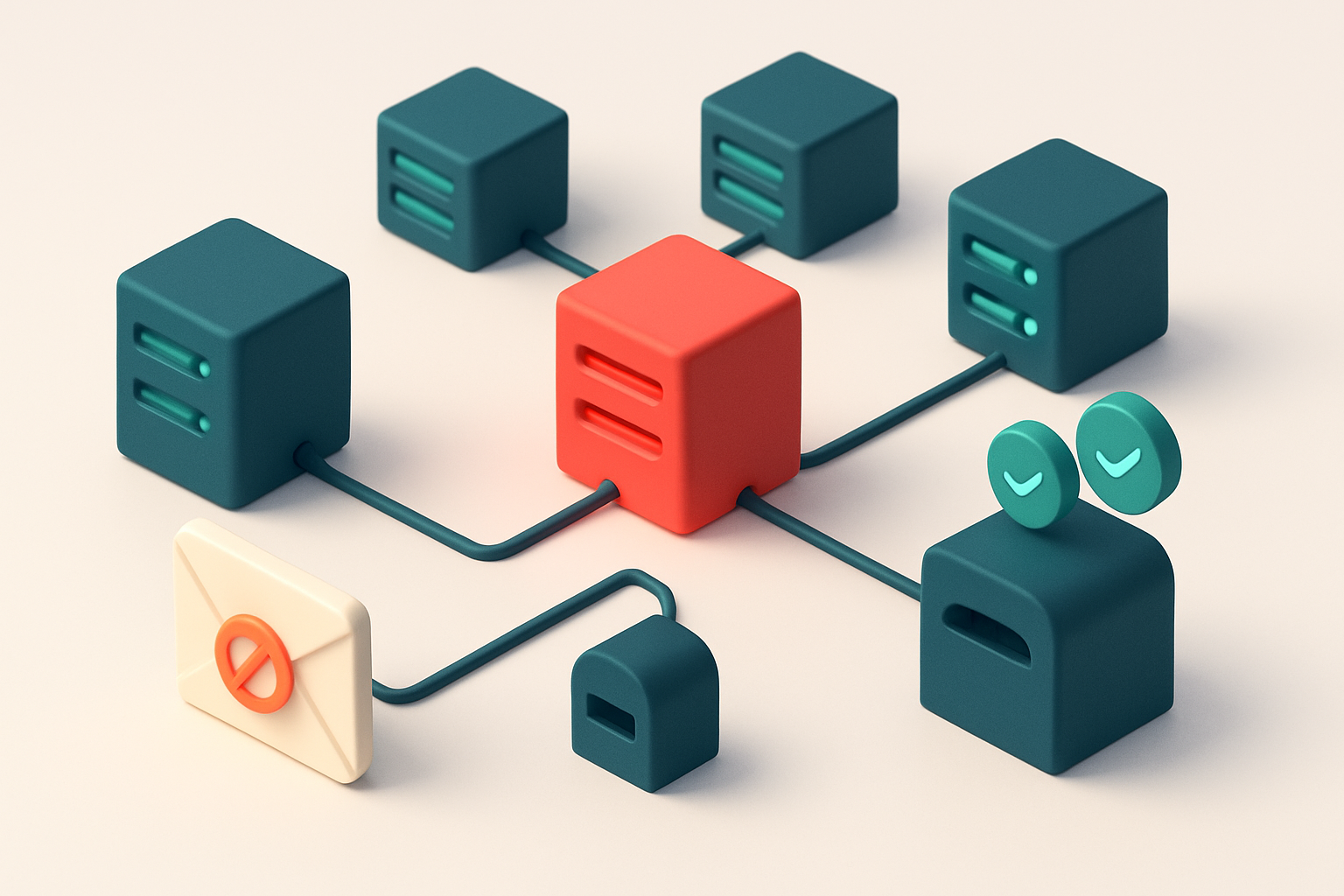 An isometric illustration of a network of connected servers and mailboxes, with one server labeled 'Unreachable MX' glow