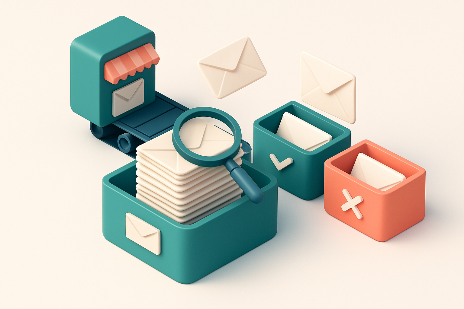 an isometric email inbox with envelopes being sorted onto a green 'valid' tray and a red 'invalid' tray, a magnifying gl