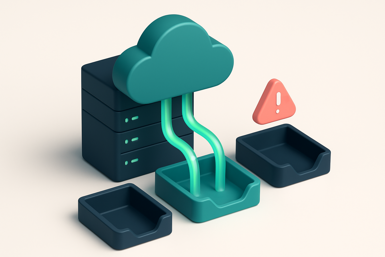 An isometric cloud server rack with green LED streams flowing into a central inbox labeled 'Valid', while red streams fl