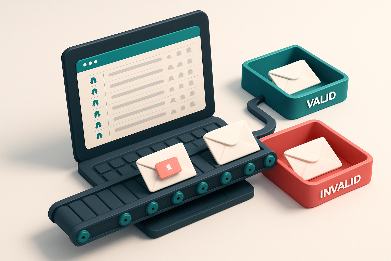 An isometric desktop scene with a laptop screen showing a CSV list of real estate email addresses, a conveyor belt sorti