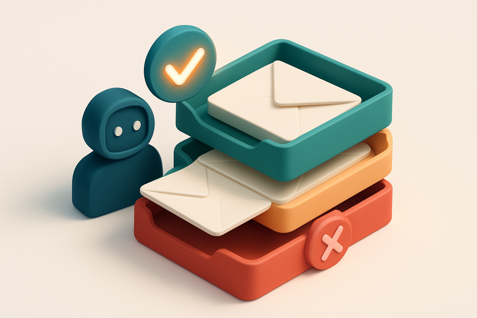 an isometric email inbox stack with a green 'valid' tray and a red 'invalid' tray, an orange 'risky' tray, and an AI ass