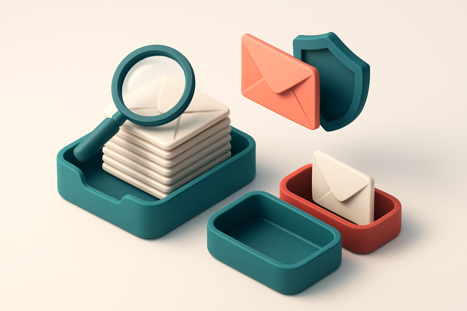 an isometric email inbox with envelopes being sorted onto a green 'valid' tray and a red 'invalid' tray, a magnifying gl