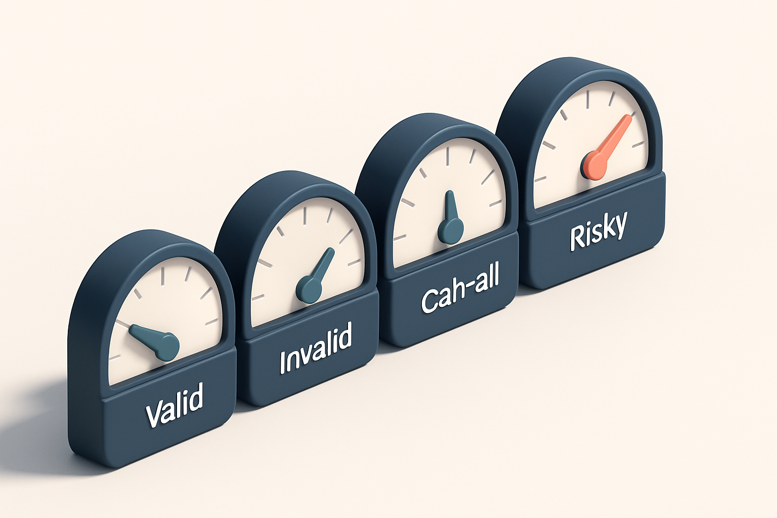 a row of four gauges, each labeled with a different verdict: valid, invalid, catch-all, risky
