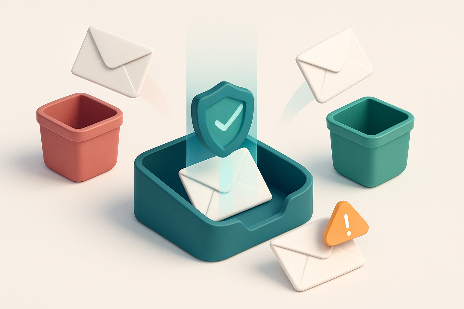 An isometric inbox with multiple envelopes being scanned by a digital shield, one flying to a red 'invalid' bin, another