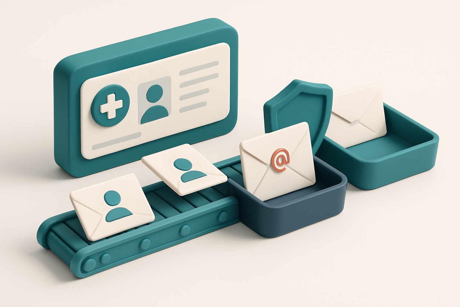 An isometric medical billing dashboard with a conveyor belt moving envelopes labeled with patient names into two trays: