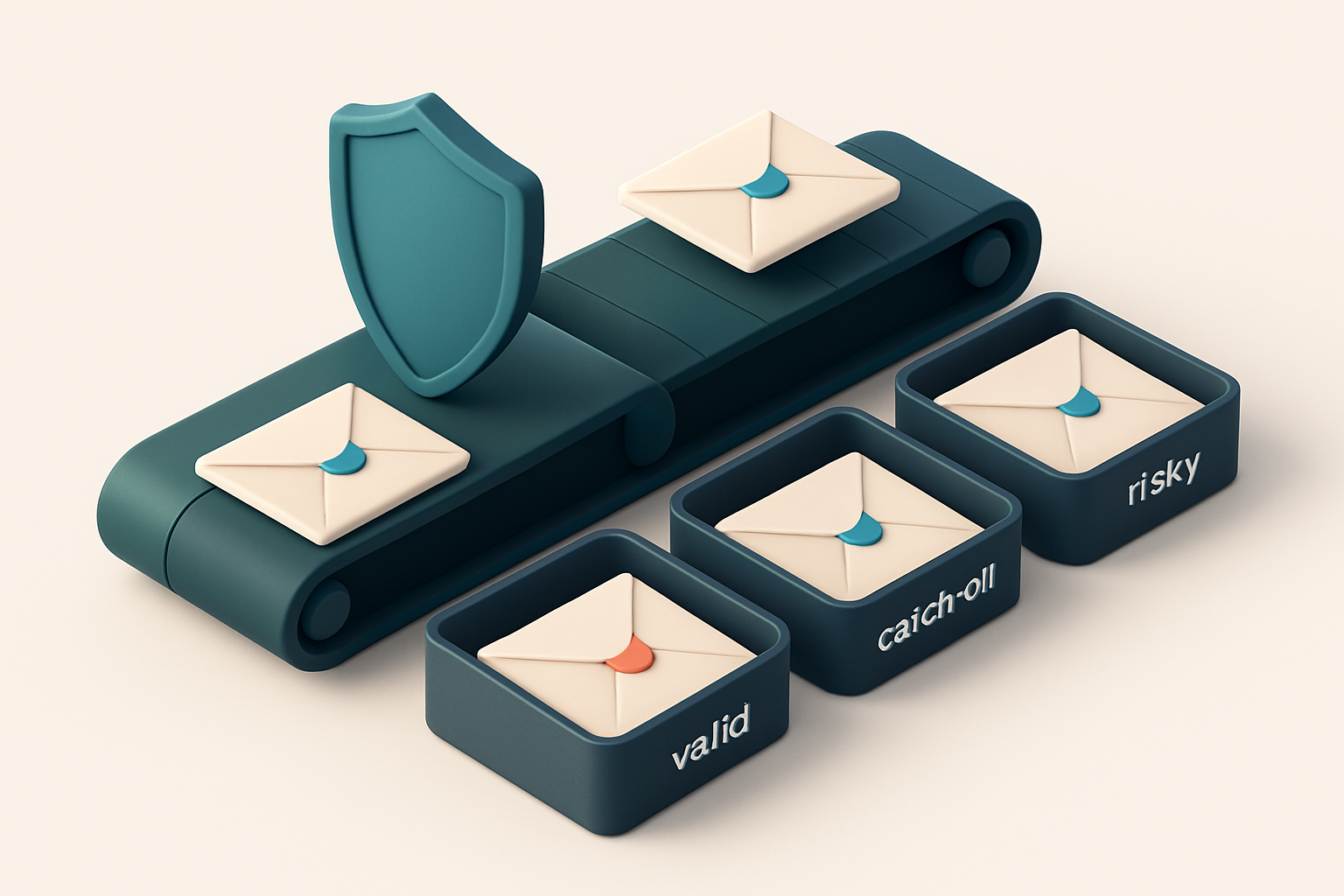 An isometric view of a digital inbox conveyor belt sorting envelopes labeled 'valid', 'catch-all', 'risky', and 'invalid