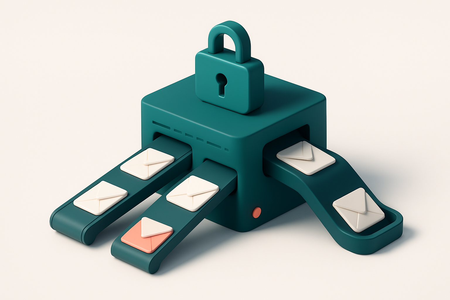 Hero: a 3D isometric email server with three conveyor belts: one labeled 'Valid & Aligned', one labeled 'Failed Alignmen