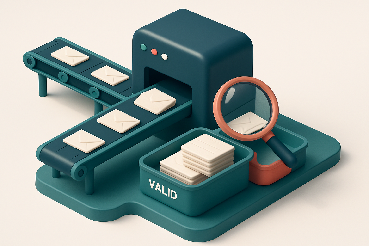 Hero: an isometric industrial warehouse with conveyor belts feeding envelopes into a sorting machine; two output trays —