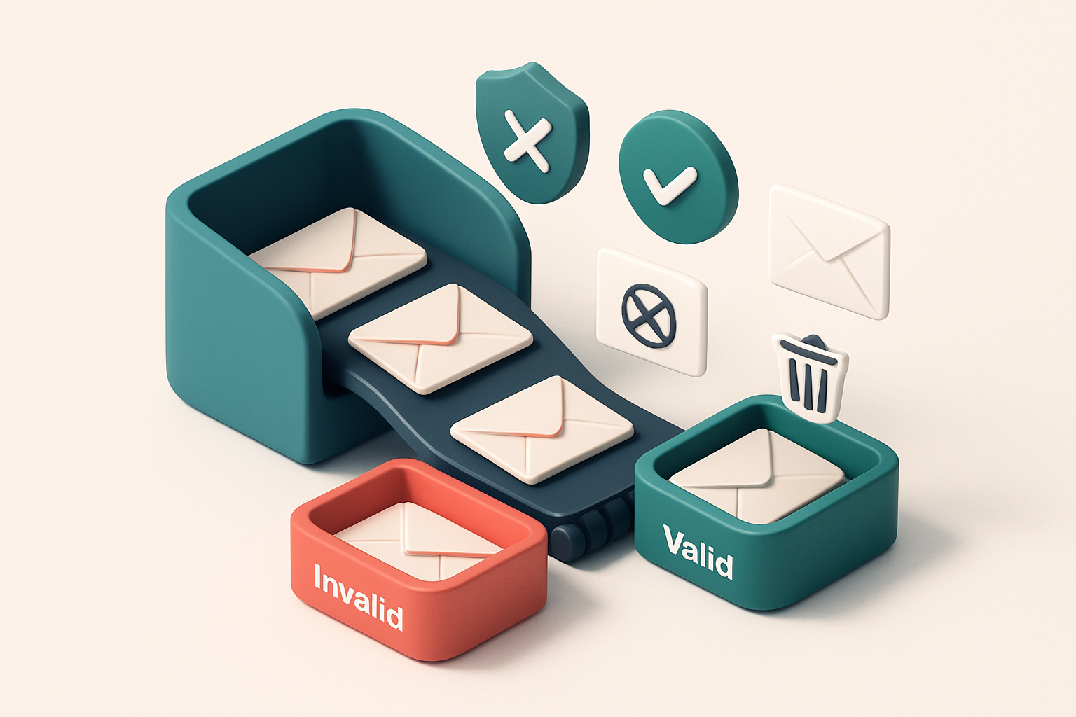 Hero: an isometric digital inbox with incoming envelopes labeled 'sign-up', 'enrollment', 'news', and 'welcome' flowing