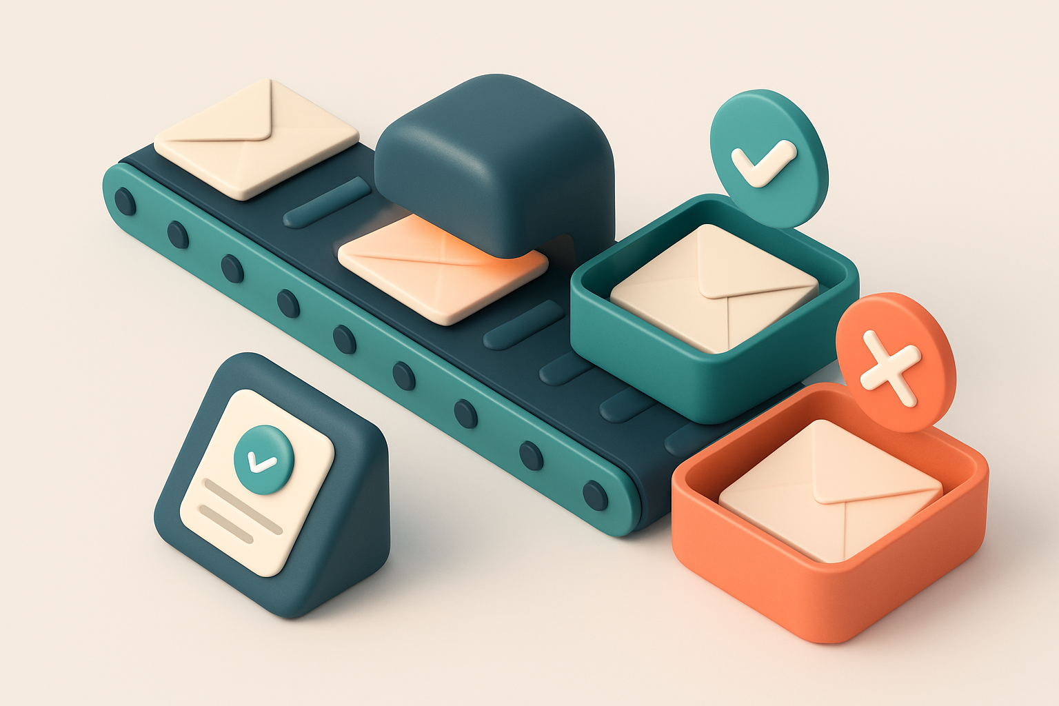 An isometric email list with envelopes being scanned on a conveyor belt; valid emails move to a green 'approved' tray, i