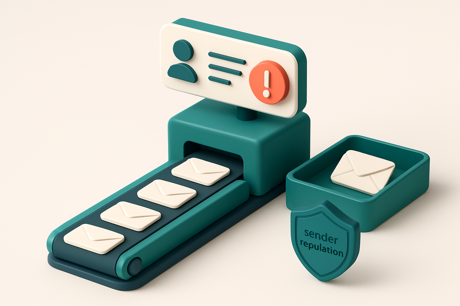 An isometric view of a Mailchimp dashboard with a red ‘bounce’ alert icon, a conveyor belt feeding email addresses into