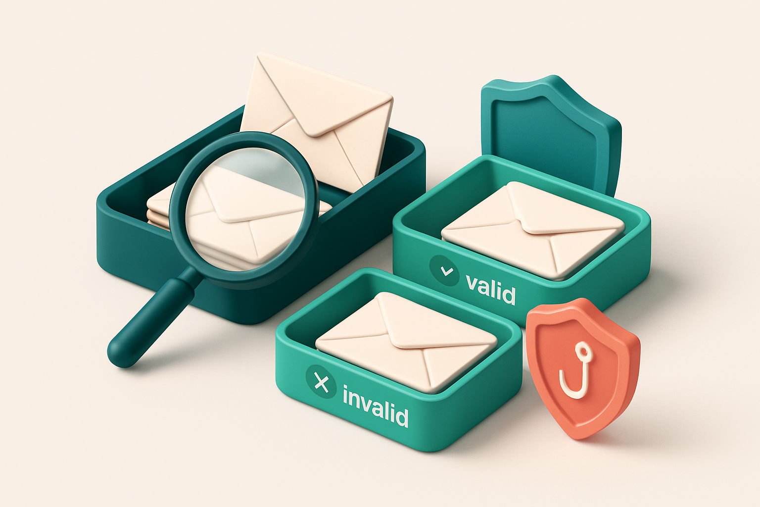 an isometric email inbox with envelopes being sorted onto a green 'valid' tray and a red 'invalid' tray, a magnifying gl