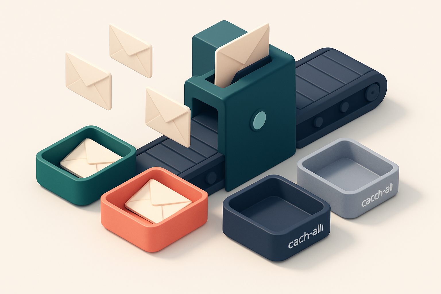 An isometric email inbox with envelopes being sorted onto a green 'valid' tray and a red 'invalid' tray, a red 'risky' t