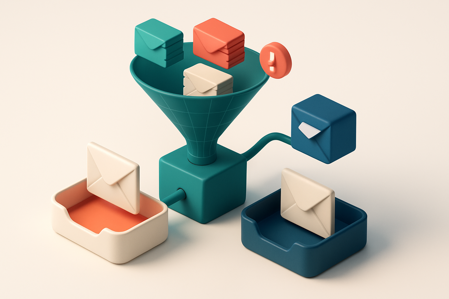An isometric illustration of a wireframe sales funnel with a stack of green envelopes labeled 'valid', red envelopes lab