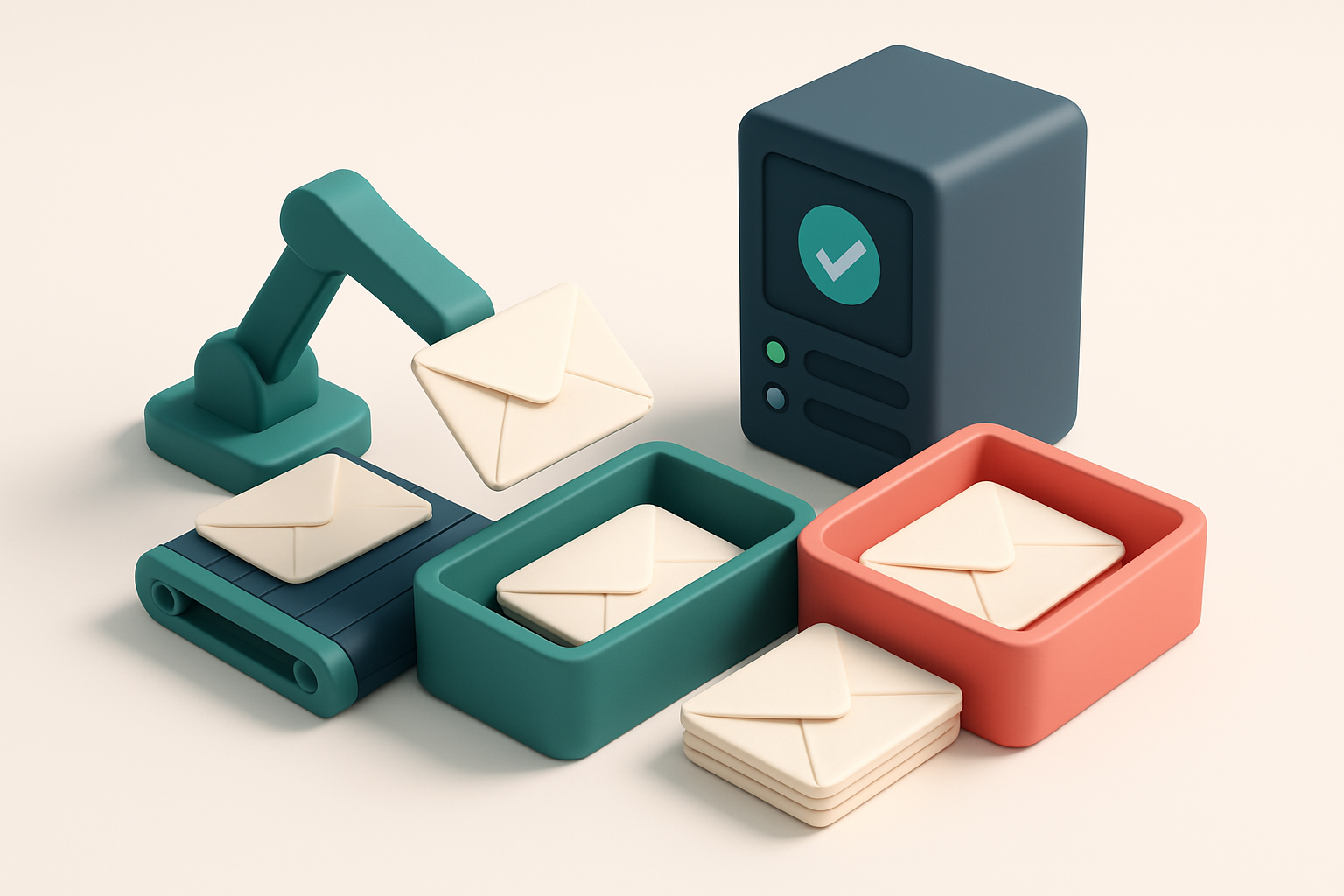 an isometric email inbox with envelopes being sorted onto a green 'valid' tray and a red 'invalid' tray, a server tower