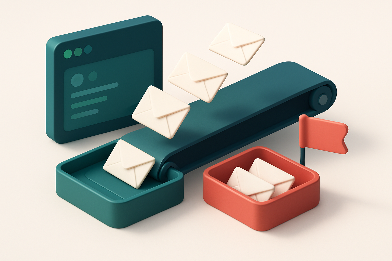 An isometric view of a Freshsales dashboard with incoming leads represented as envelopes, a conveyor belt filtering them